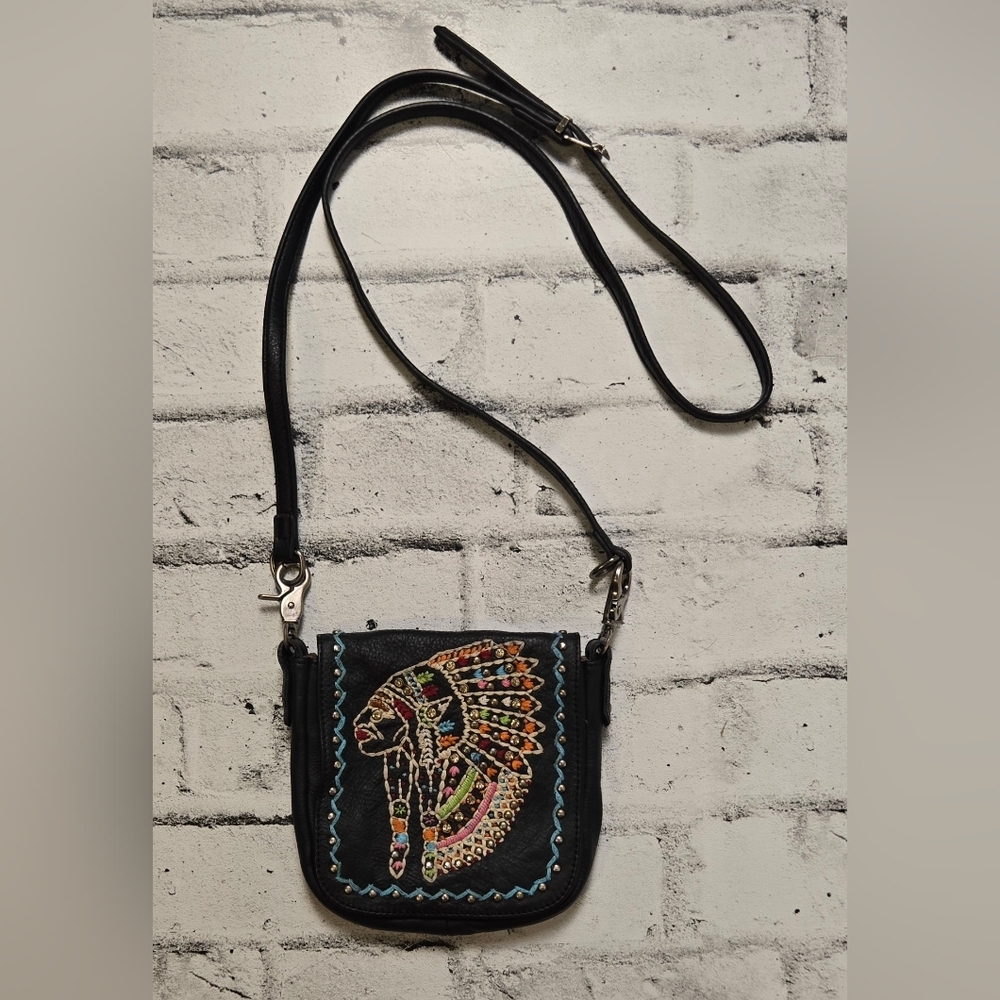 Boho Leather Crossbody w/ Embroidered Chief & Studs  Festival Bag